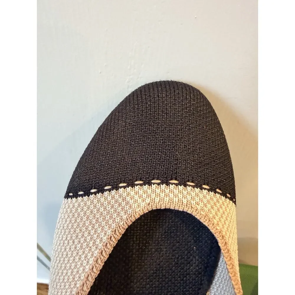 Rothy’s The Square In Tuxedo Size 8 Cream Black Knit Cap Toe Ballet Flats EUC